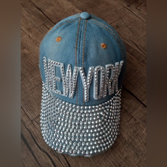 NY Rhinestone Embellished Jean Baseball Cap - Picture 6 of 6